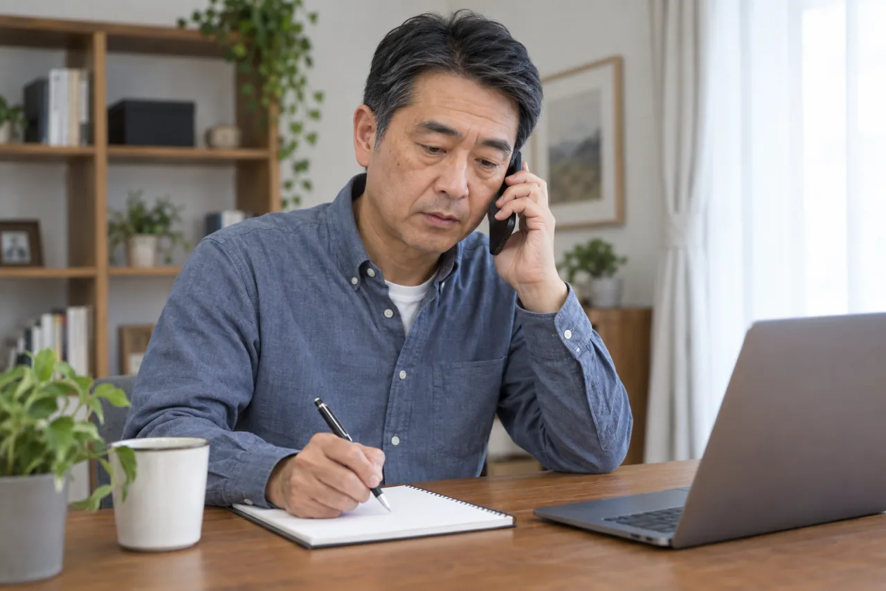 ハローワークの操作について電話で問い合わせる日本人男性