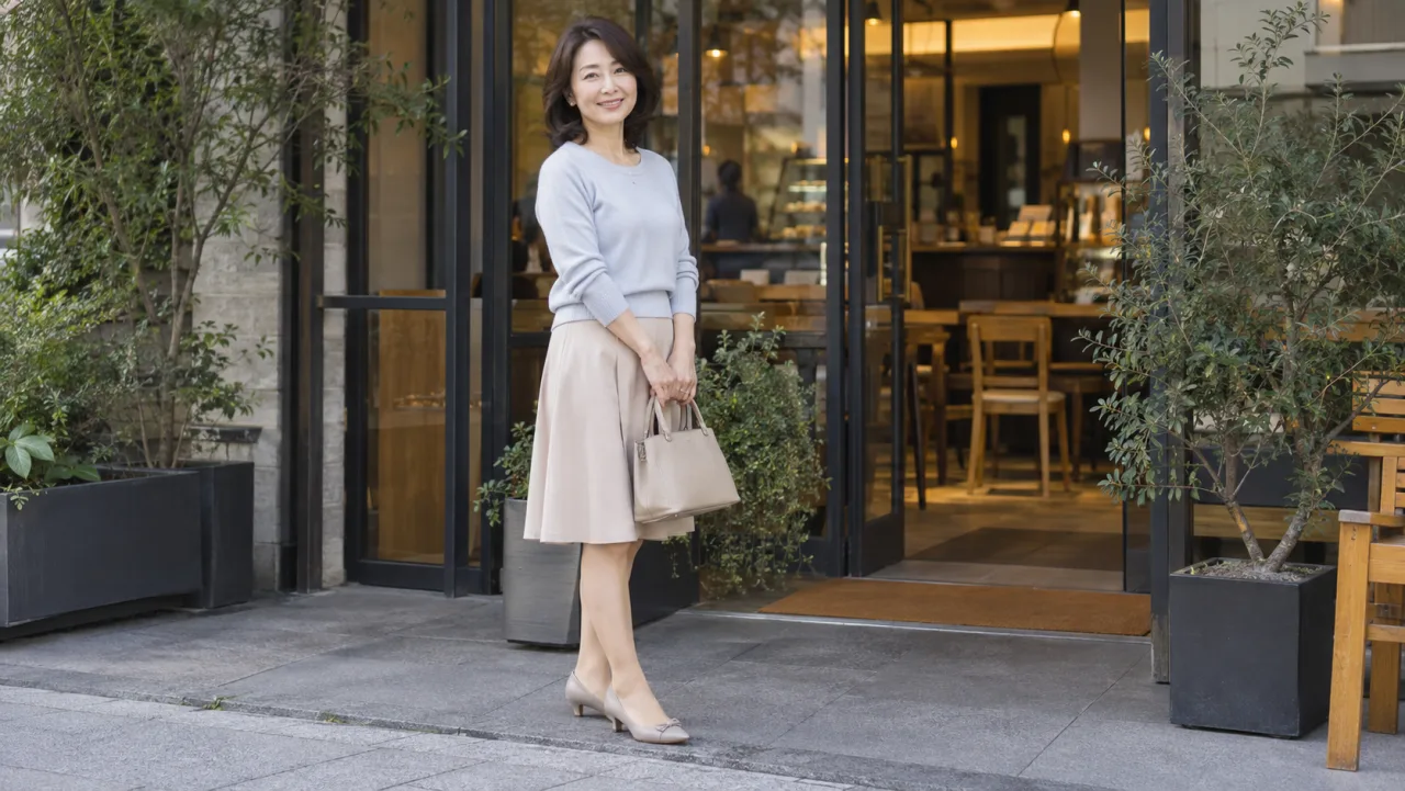 カフェで婚活の初対面をする日本人女性が淡い色のニットとスカートと歩きやすい靴を着ている