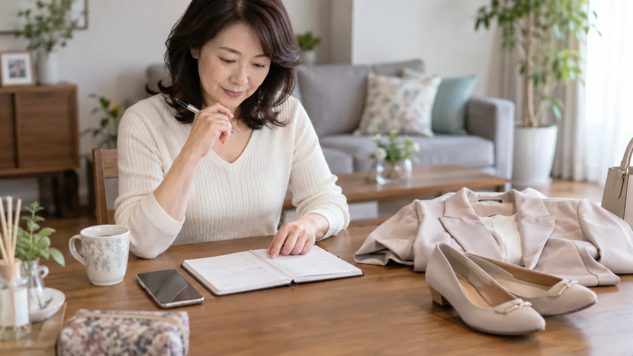 日本人女性が婚活の前日に場所と服装と帰る時間を手帳で確認している