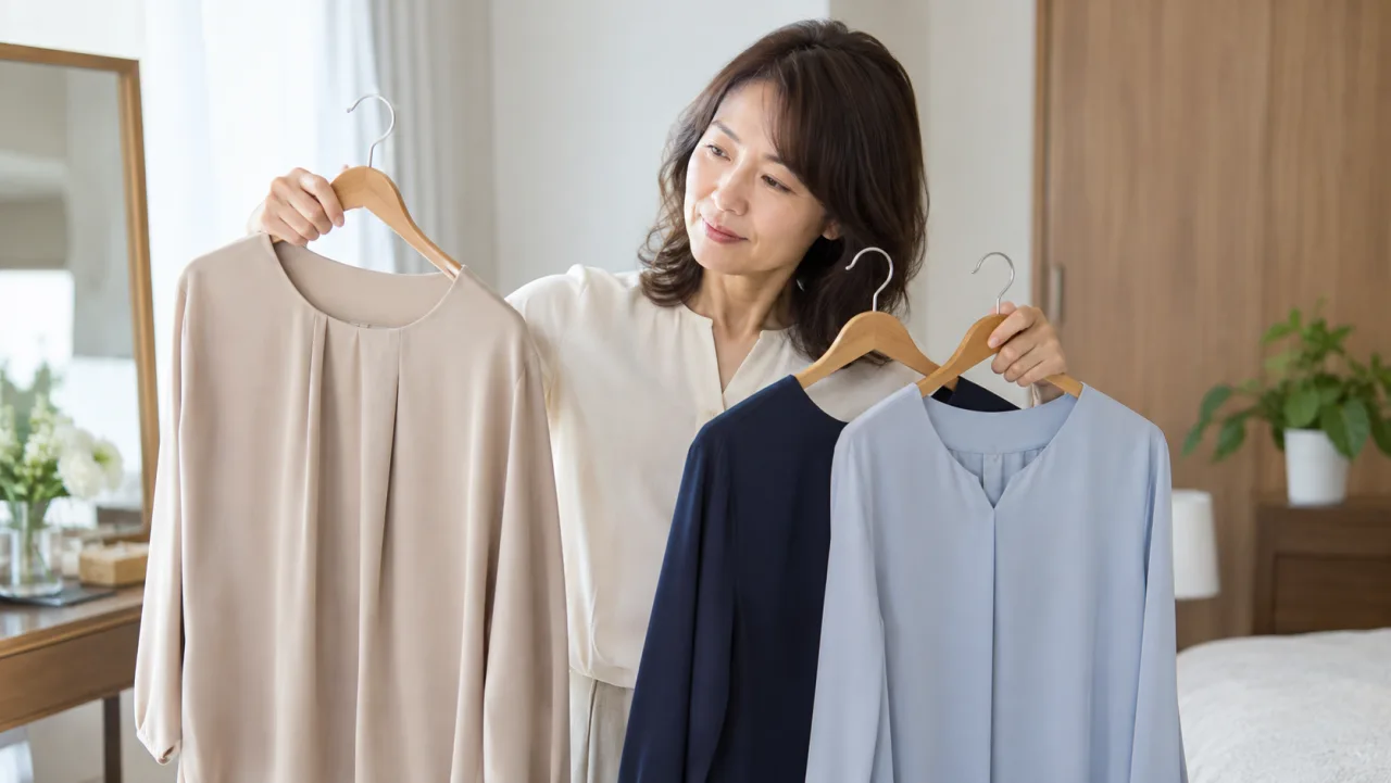 日本人女性が婚活に着ていくベージュやネイビーや淡いブルーの服を比較している