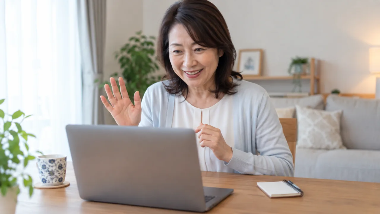 自宅から婚活のオンライン面談に参加する日本人女性が淡い色のブラウスを着ている