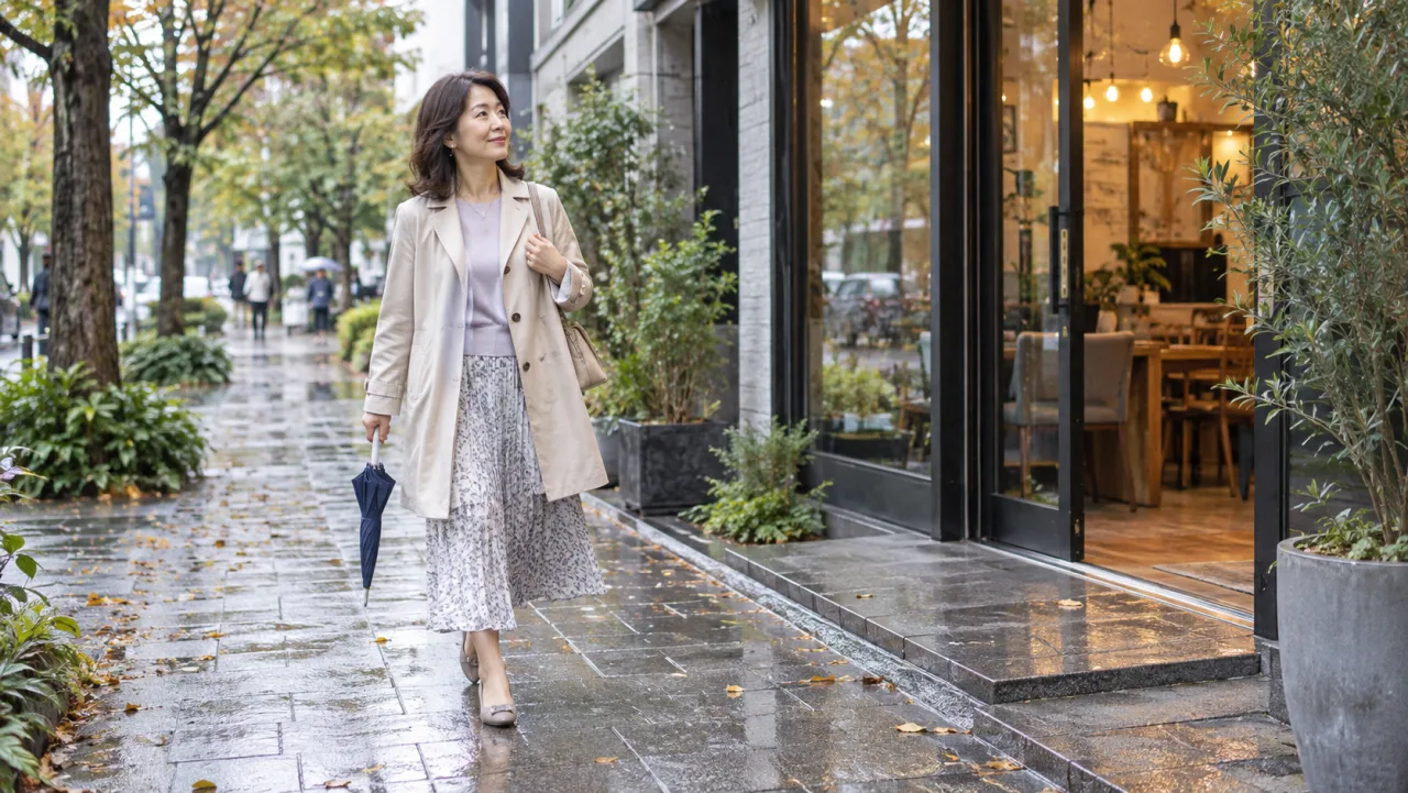 雨の日に婚活へ向かう日本人女性が薄手のコートと歩きやすい靴と傘を選んでいる