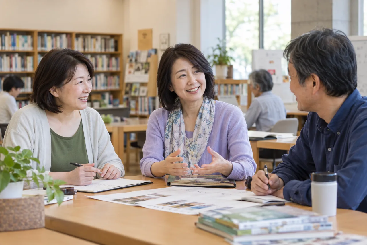 地域の小さな活動で日本人の参加者が会話する様子