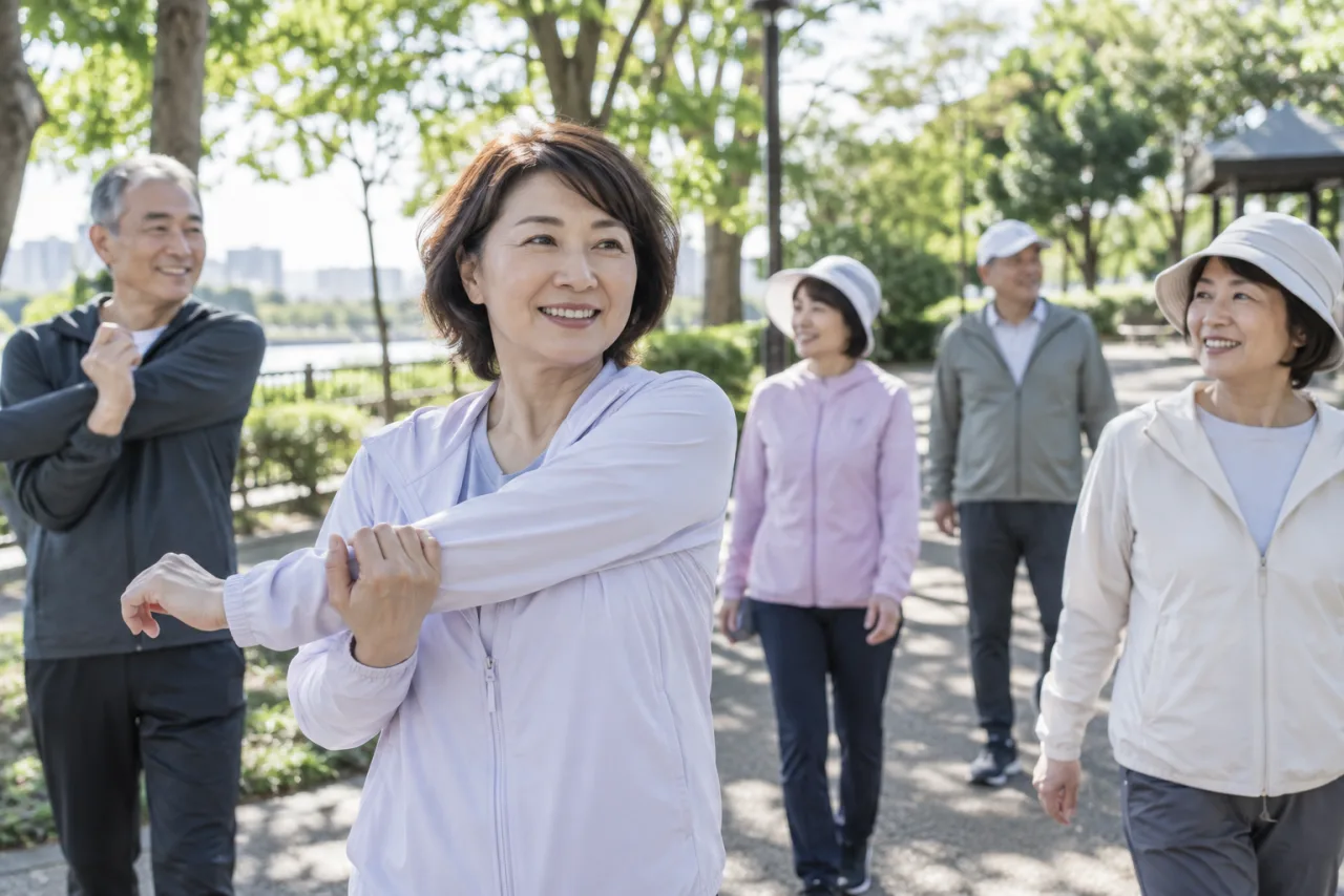 公園で無理のない距離を保ちながら歩く日本人の男女