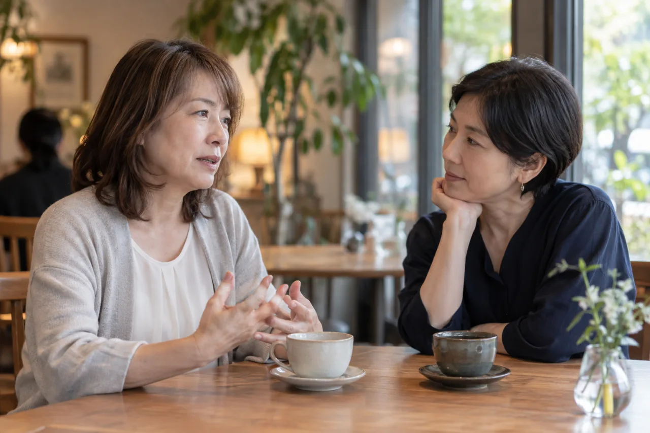 カフェで悩みを話す日本人の友人二人