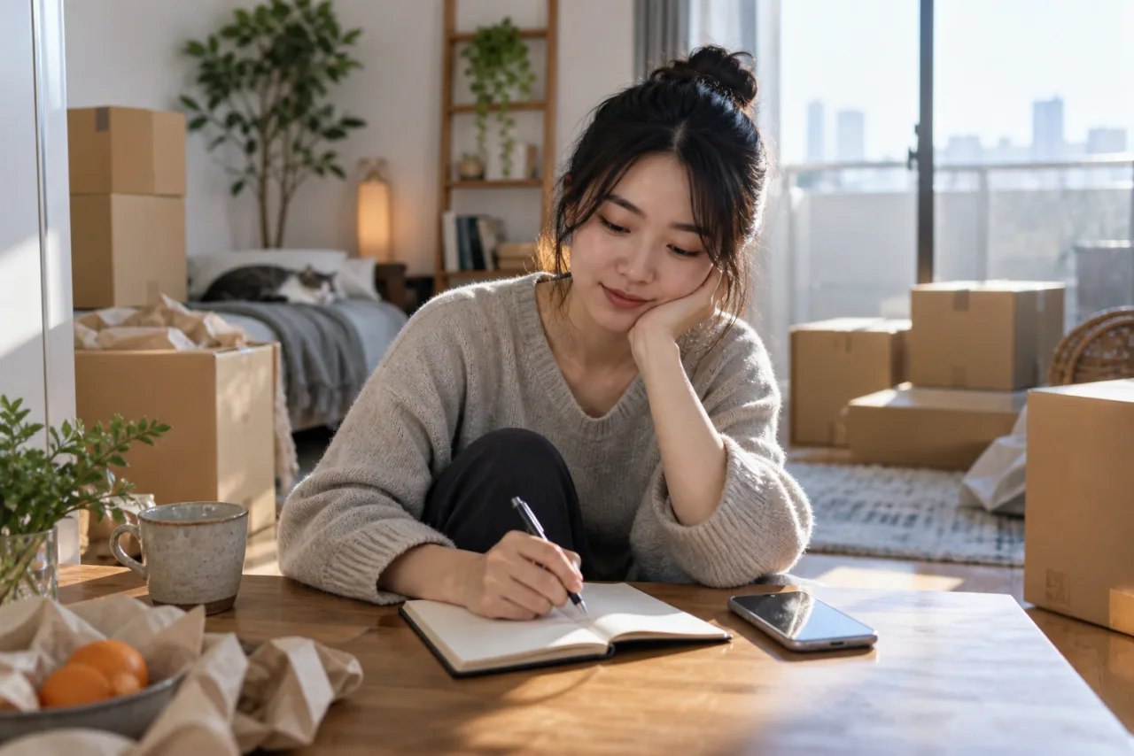 引っ越し後の暮らしと友人とのつながりを考える女性