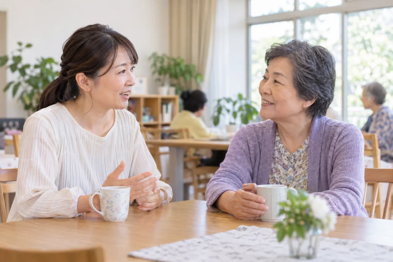地域の場で日本人女性同士が会話する様子