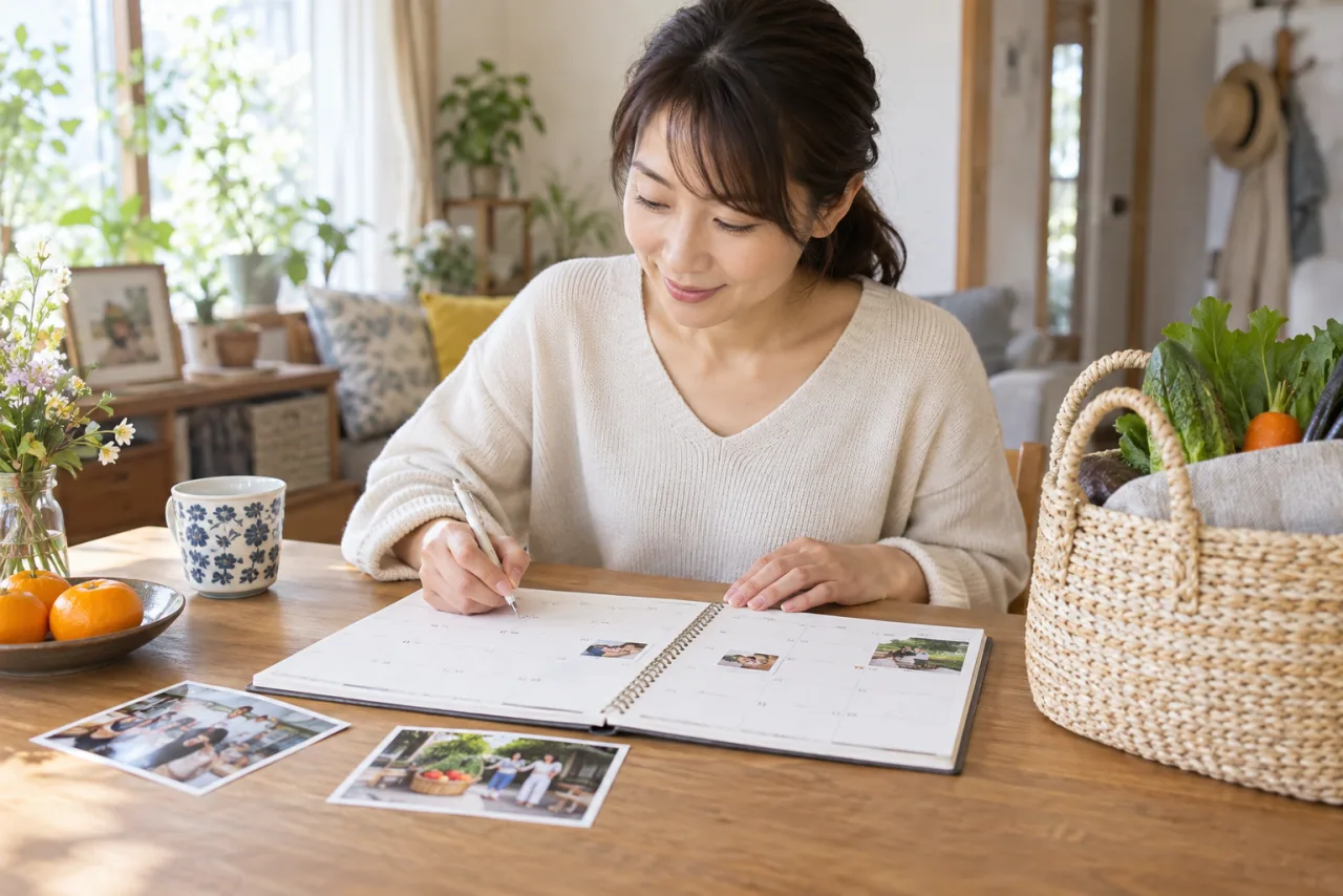 地域の活動や買い物の予定をカレンダーに書く女性