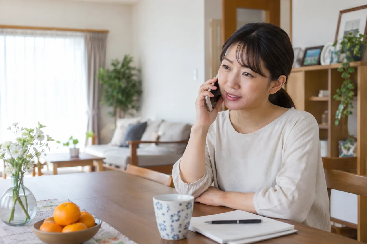 電話で近況を確認しながらノートに書く日本人女性