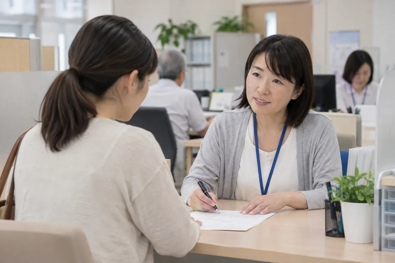 自治体の窓口で生活の相談をする日本人女性