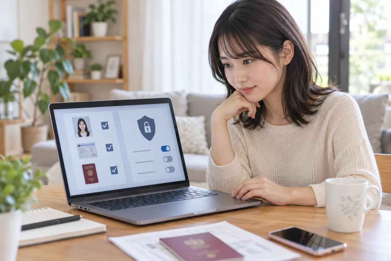 本人確認書類と個人情報の公開範囲を確認する女性