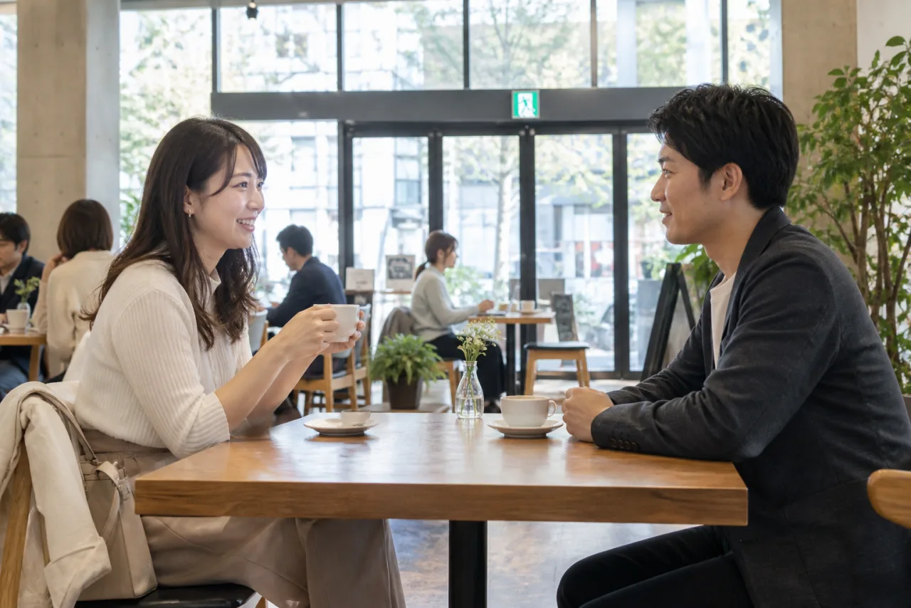 明るい公共のカフェで初対面の会話をする男女