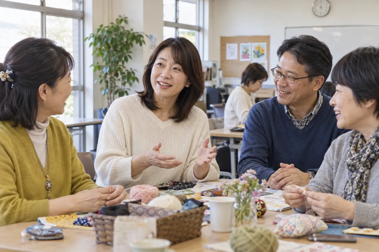 地域の趣味交流会で日本人同士が会話する様子