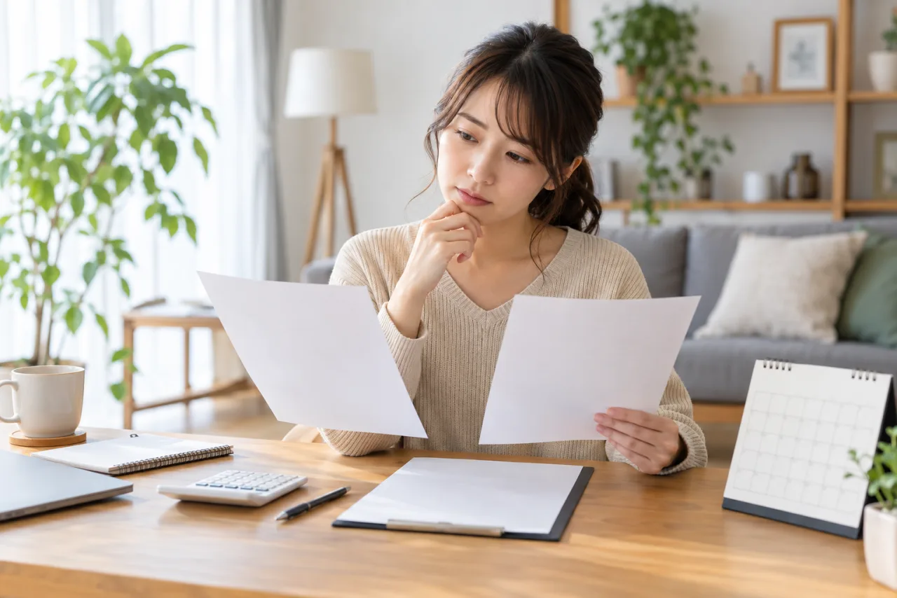 結婚相談所の契約書類と料金と期間を計算する女性
