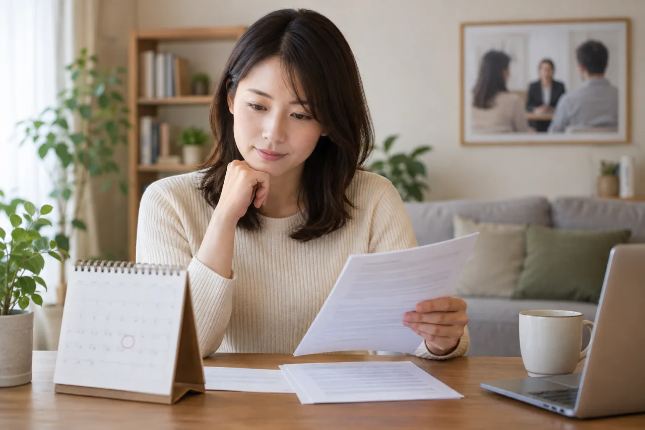 結婚相談所の休会と退会条件を契約書で確認する女性