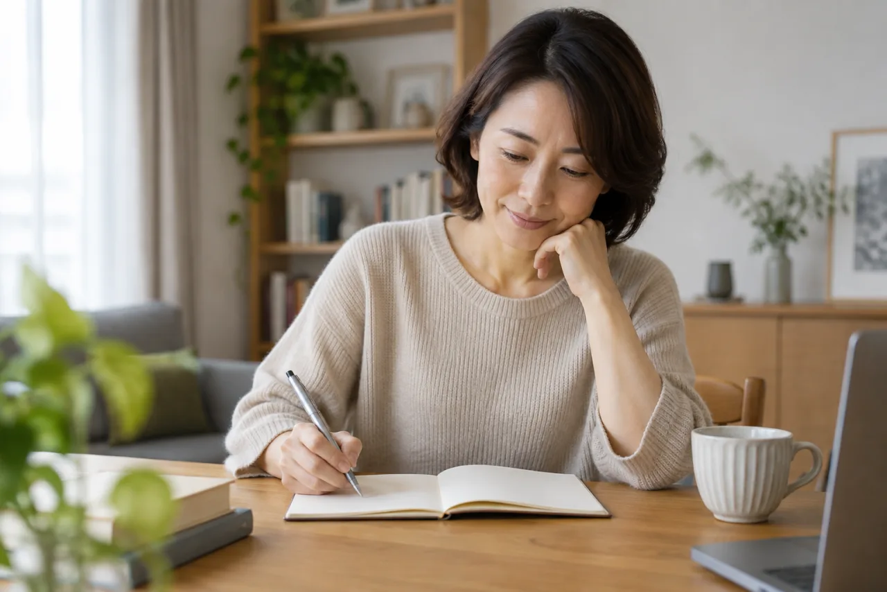 40代の女性が一人で暮らしたい理由と望む日常をノートに整理する様子