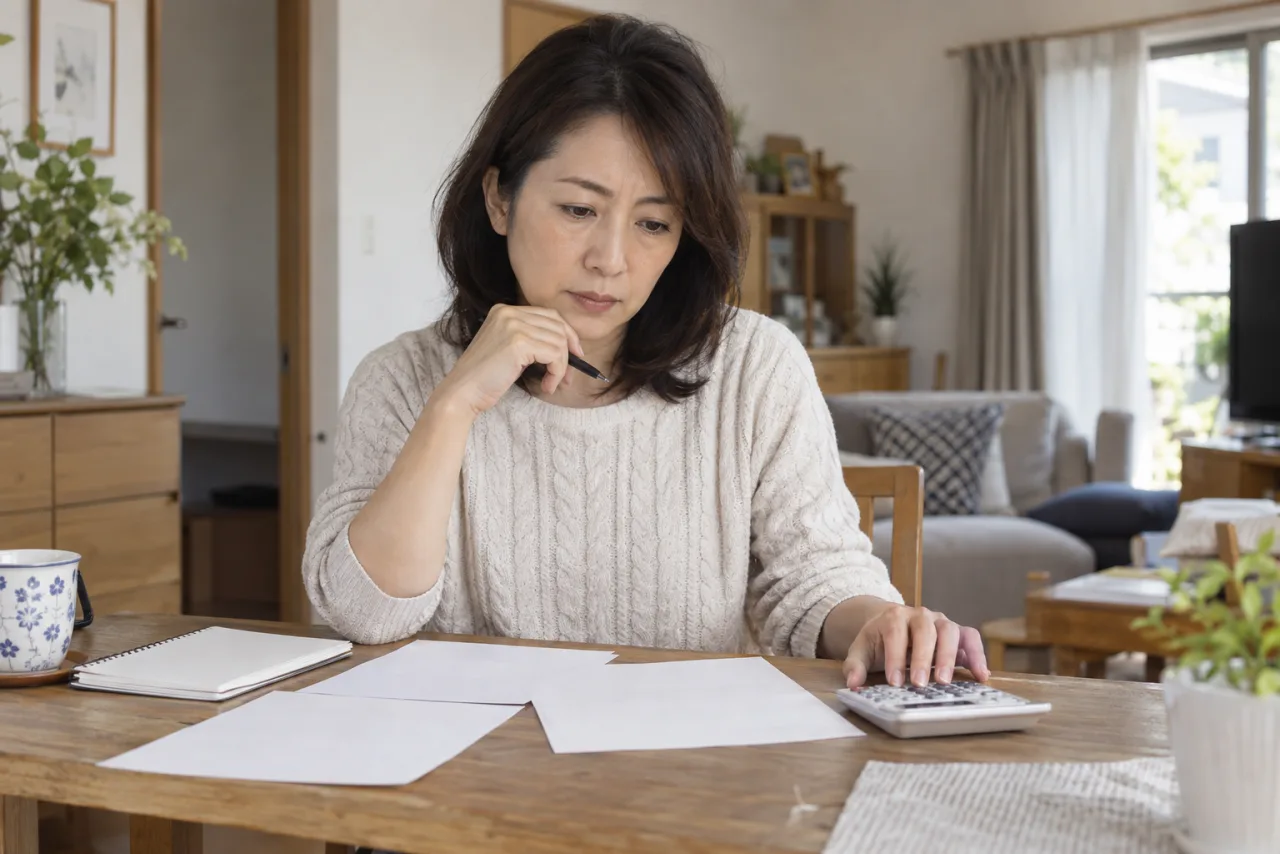40代の女性が一人暮らしの生活費と予備費を電卓で確認する様子