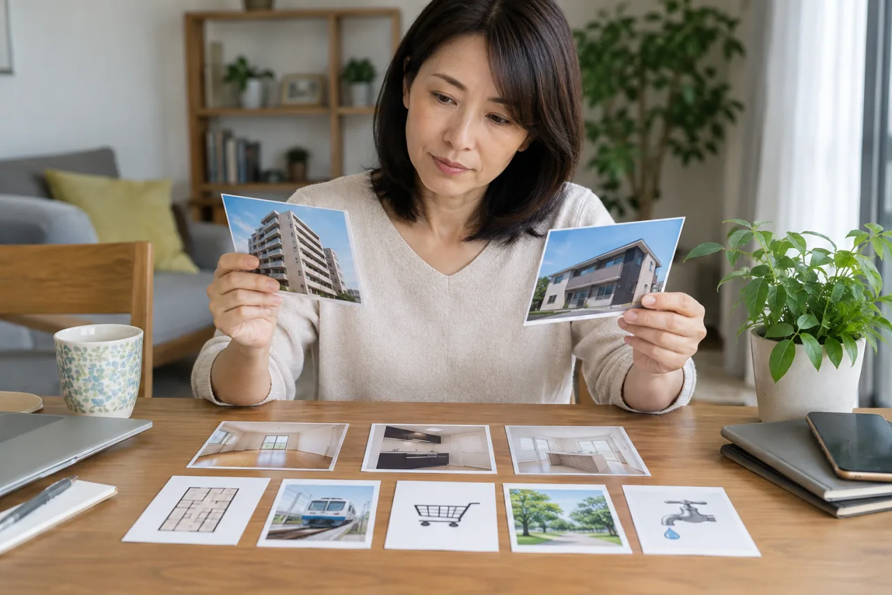 40代の女性が家賃と通勤と買い物環境を含む住まいの候補を比較する様子
