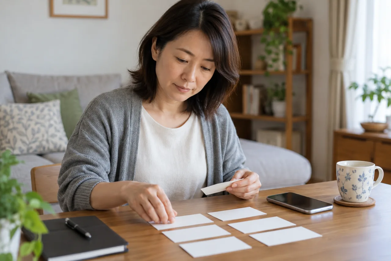 40代の女性が頼れる人と緊急連絡先を白紙カードで整理する様子