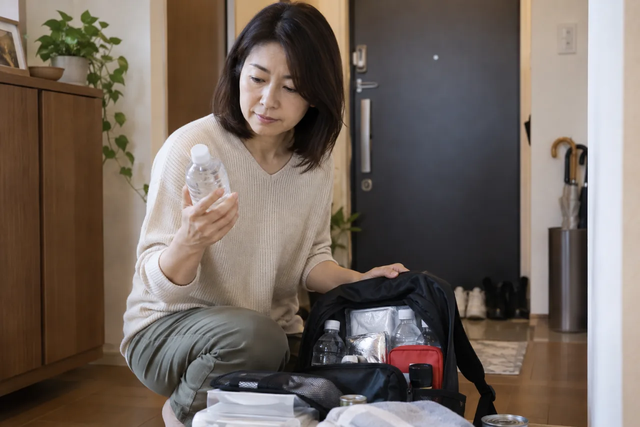 40代の女性が自宅の防災バッグと非常用の持ち物を確認する様子