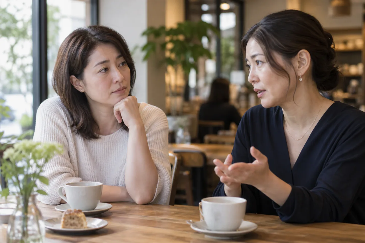 40代の女性が友人と将来の暮らし方と頼り方を話し合う様子