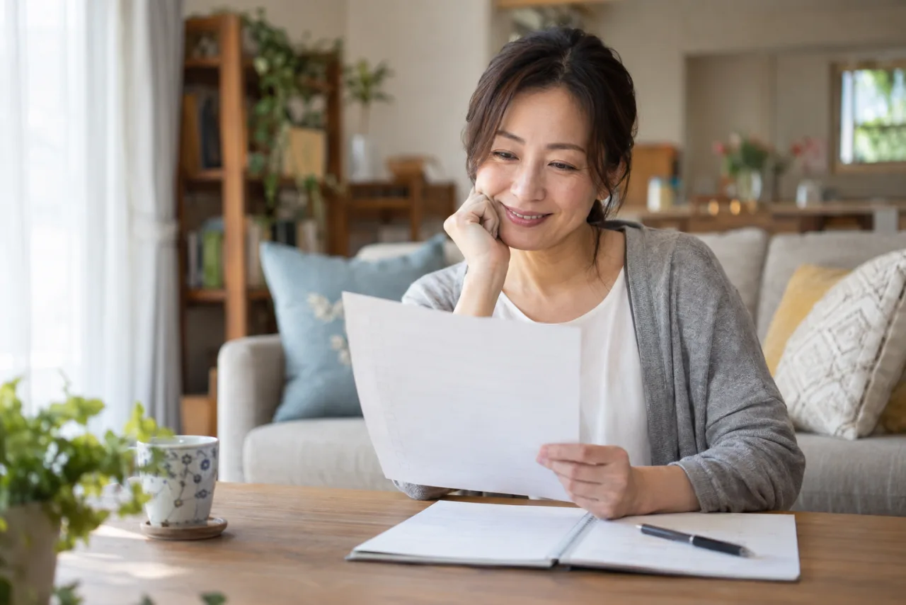 40代の女性が一人で生きるための三か月の準備表を見直す様子