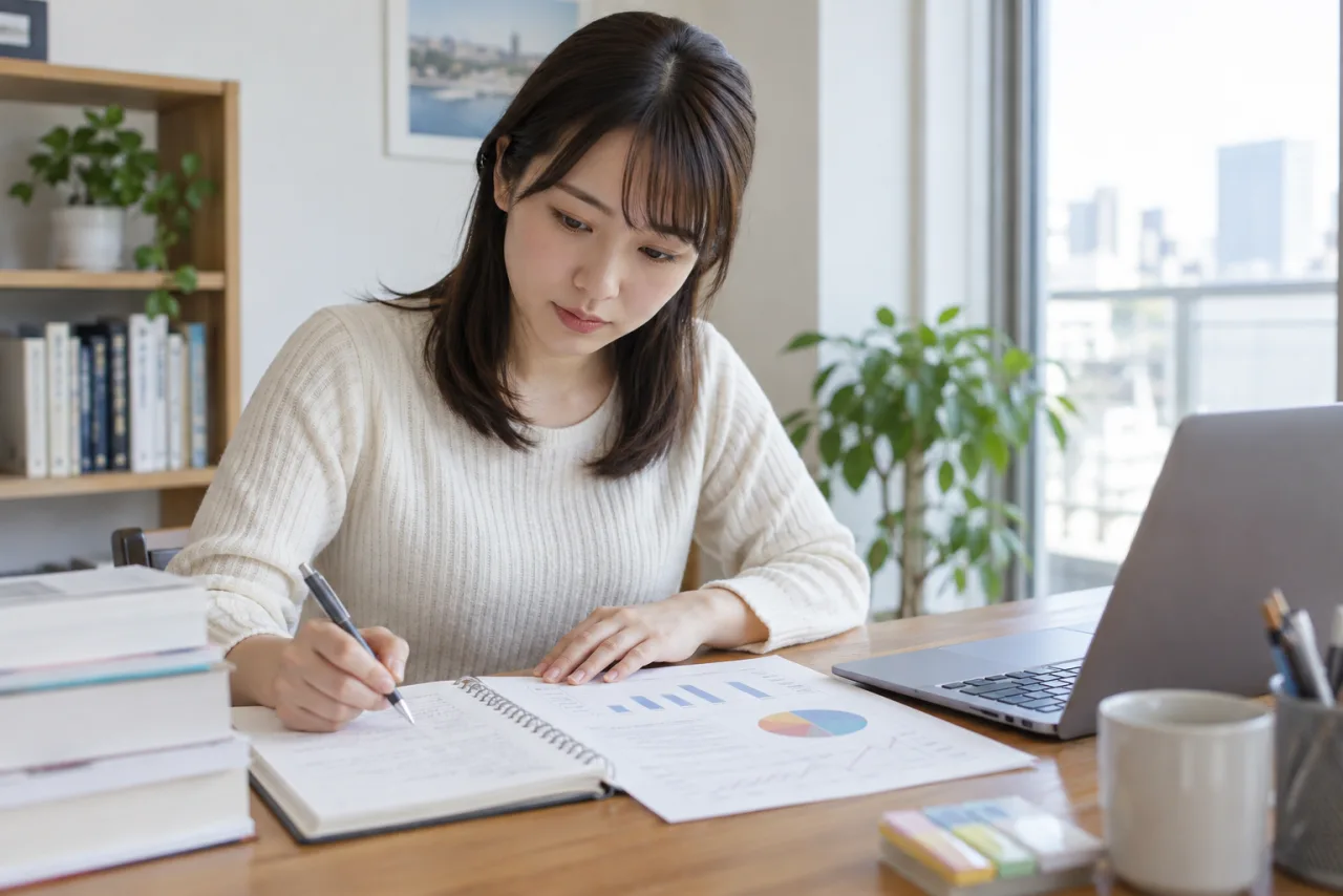 宅建の合格率と合格点の資料をノートに整理する様子