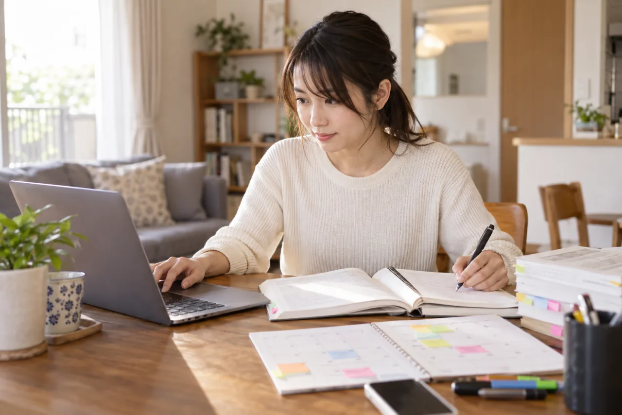仕事と勉強を両立しながら宅建の学習計画を立てる女性