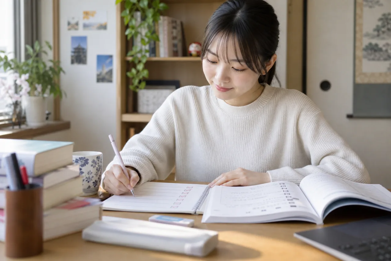 宅建の合格率を見た後に学習チェックリストを確認する様子