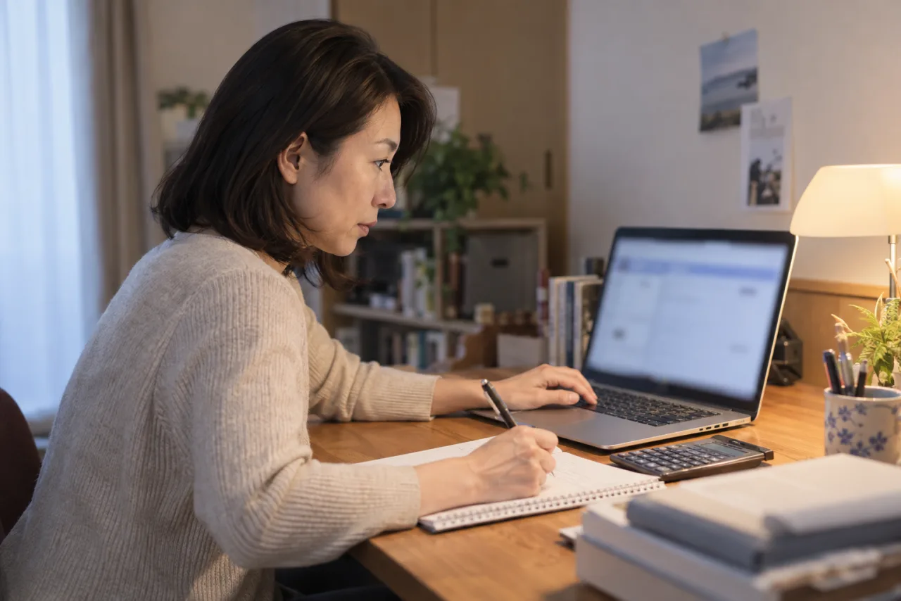 日本人女性がFP試験のテキストを読みながらノートに要点をまとめている