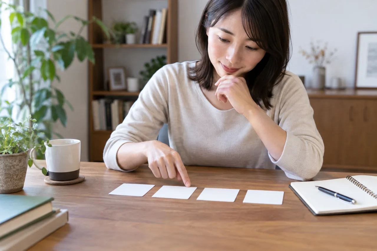 日本人女性がFP資格の勉強をパソコンとノートで進めている