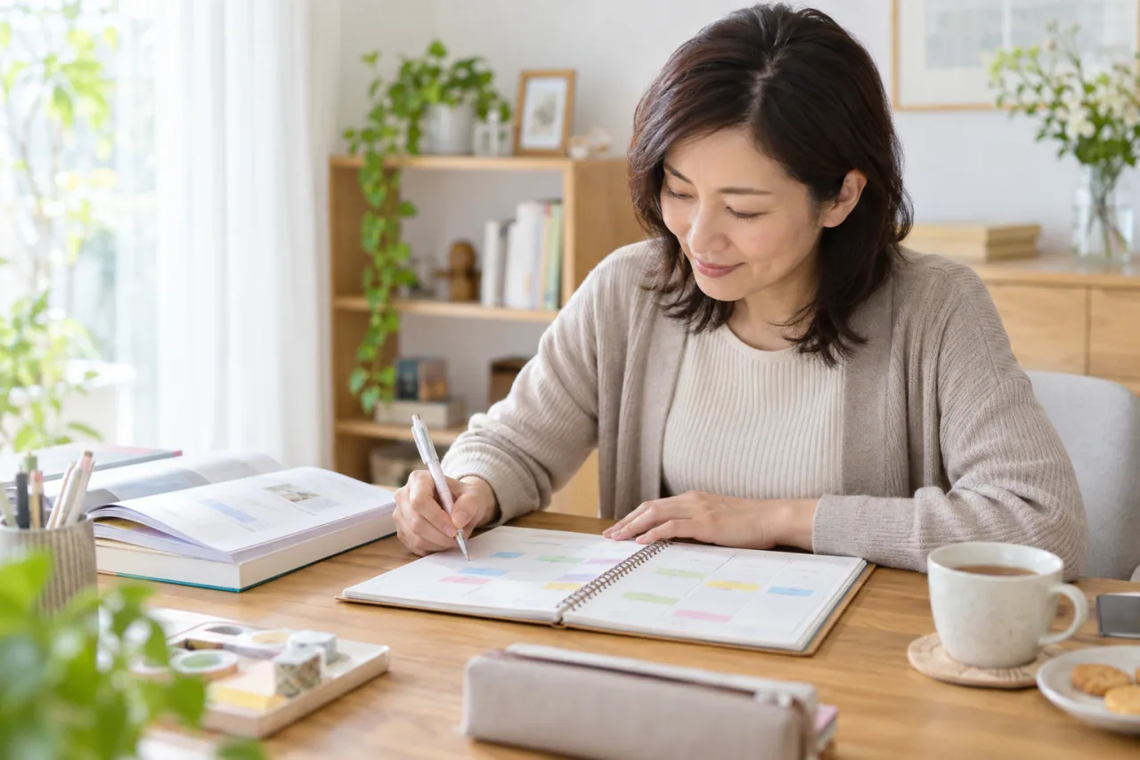 日本人女性がFP資格の学習を一週間の予定表に組み込んでいる