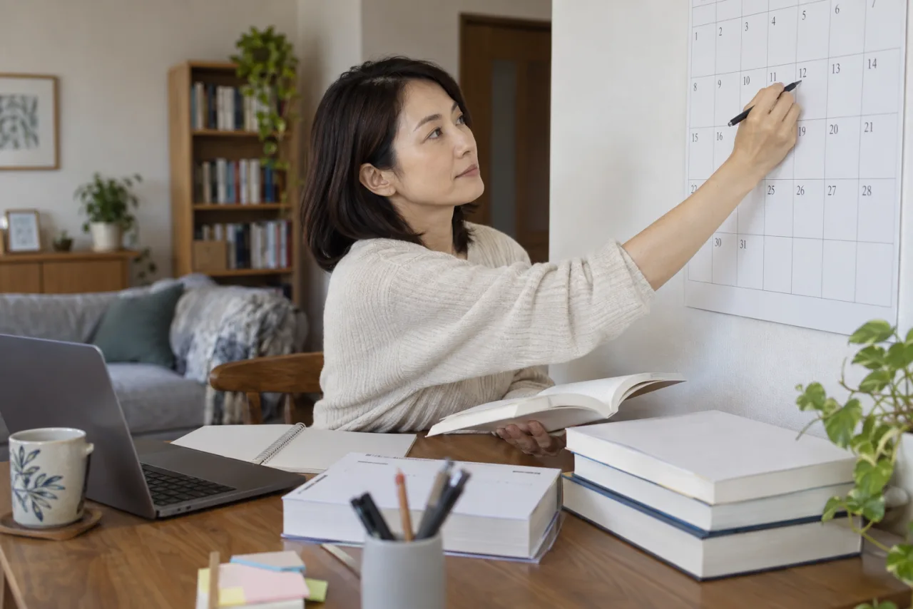 宅建試験の勉強と申込日を年間カレンダーに整理する日本人女性