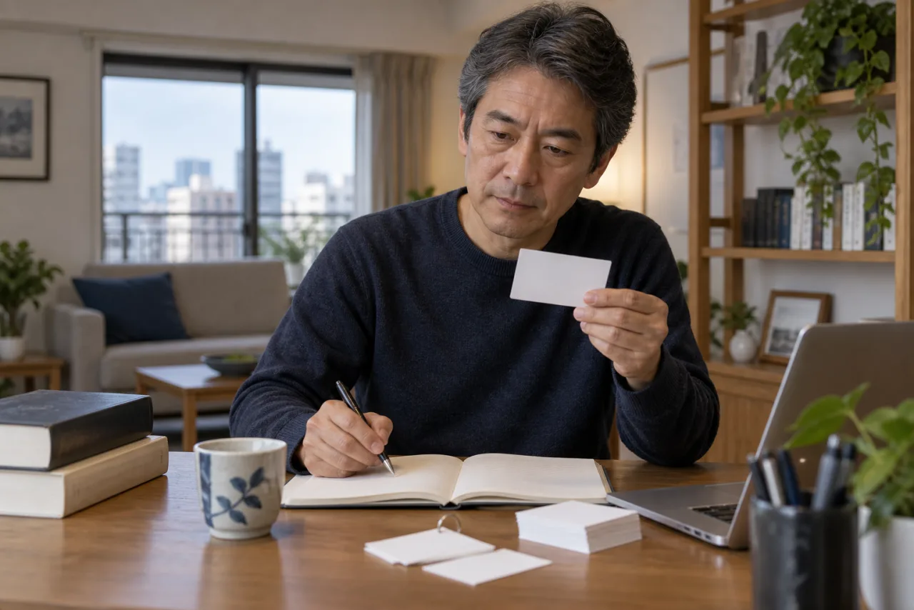 宅建試験の法令を自宅で学習する日本人男性