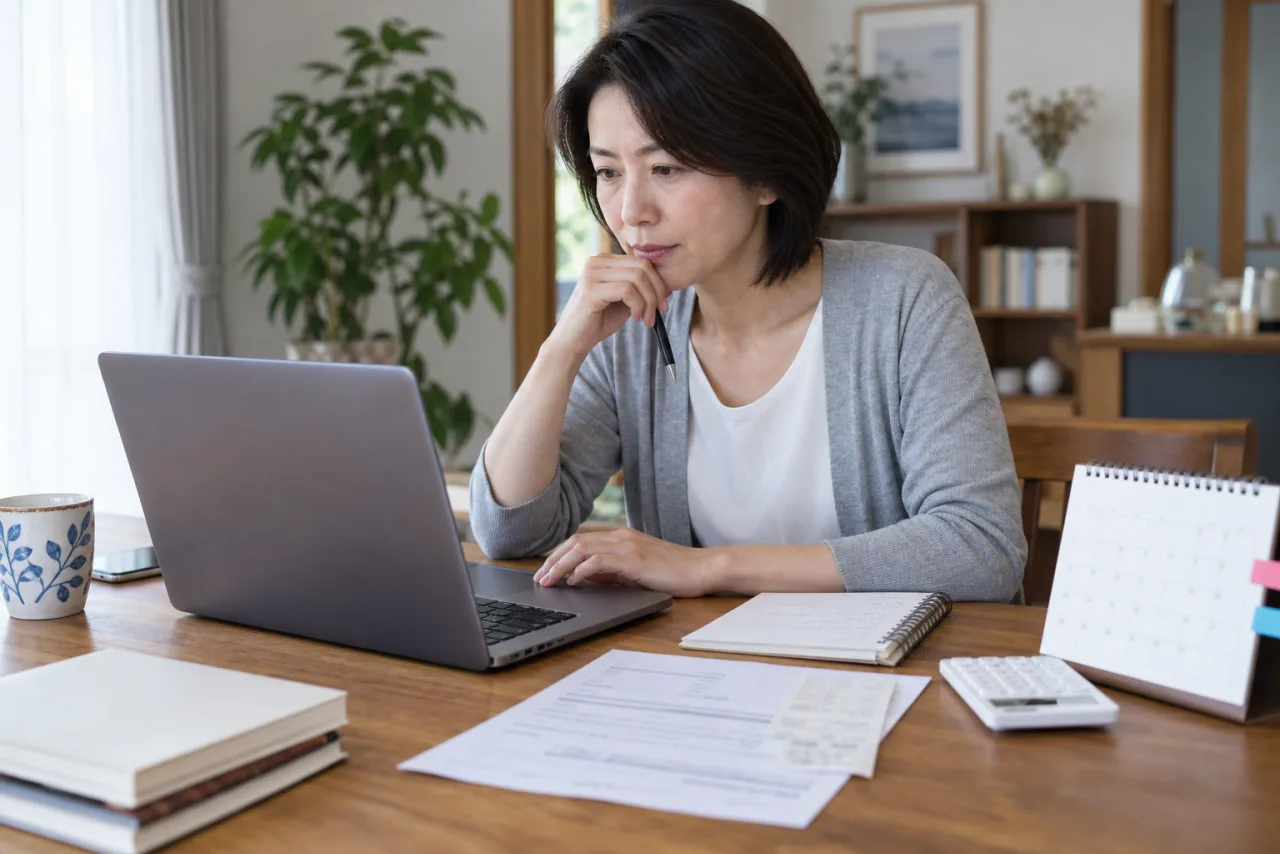 宅建試験のインターネット申込みを進める日本人女性