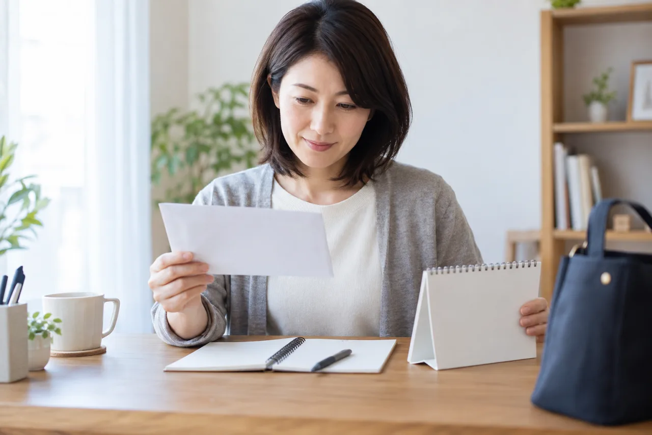 宅建試験の受験票と持ち物を確認する日本人女性