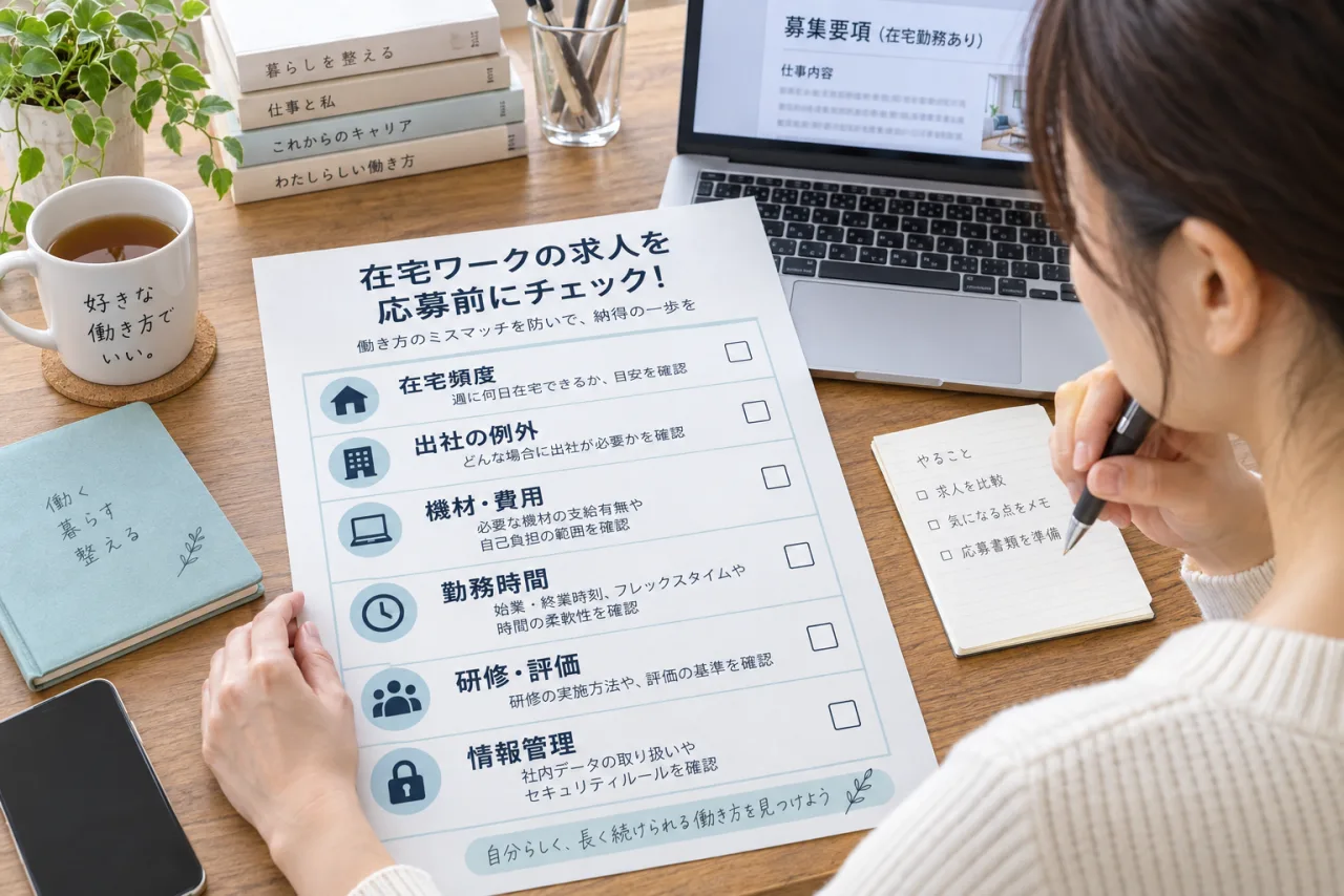 在宅ワークへ応募する前の質問項目をノートに整理する女性