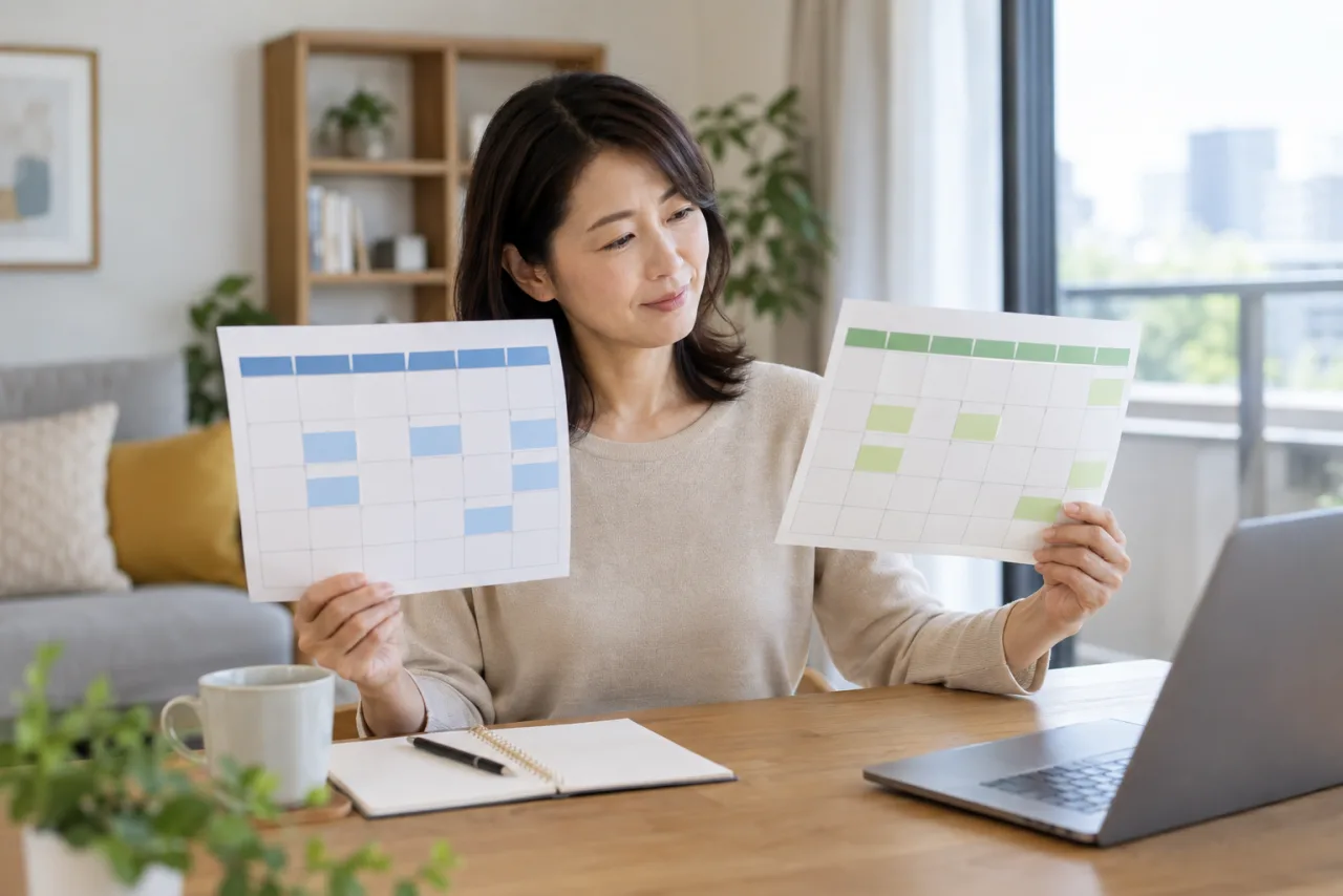 日本人女性が通勤時間と在宅勤務後の生活時間を時計と表で比較している