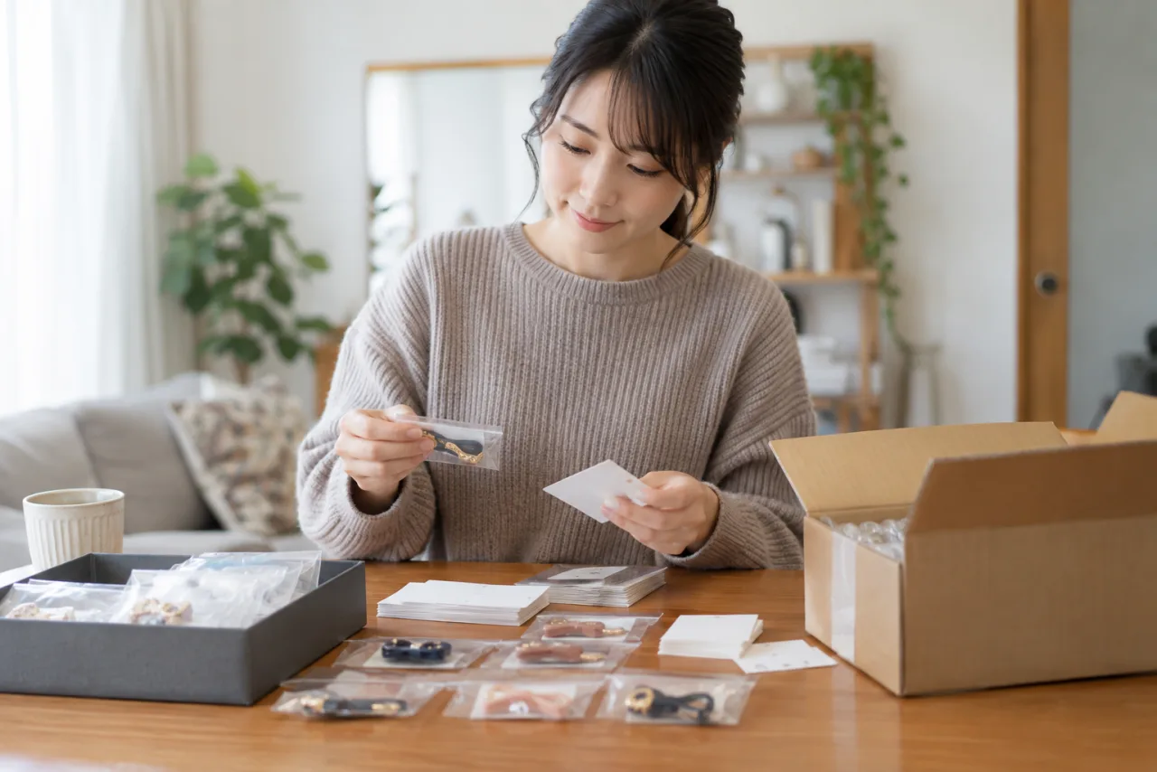 日本人女性が完全在宅の仕事に必要な端末と資料を準備している