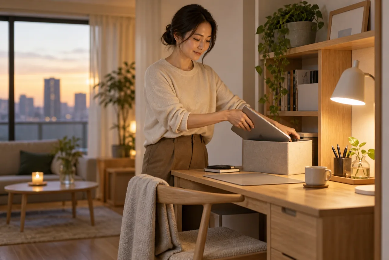 日本人女性が自宅の仕事用スペースと情報管理の境界を整えている