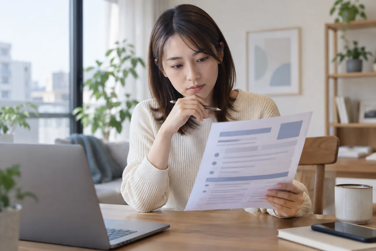 日本人女性が求人票の勤務場所と出社条件をチェックリストで確認している