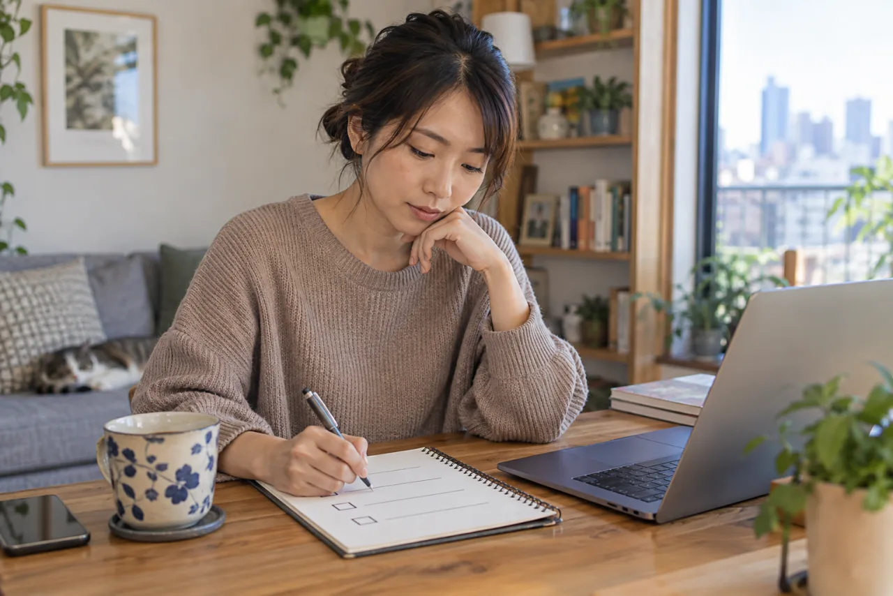 日本人女性が完全在宅の求人条件と出社の有無をノートで比較している