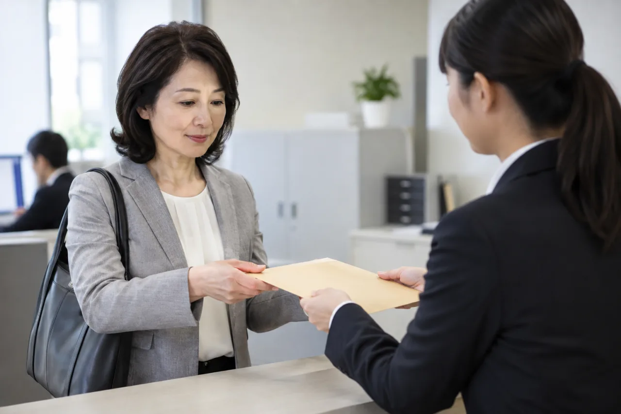 会社から退職関係の書類を受け取る50代の日本人女性