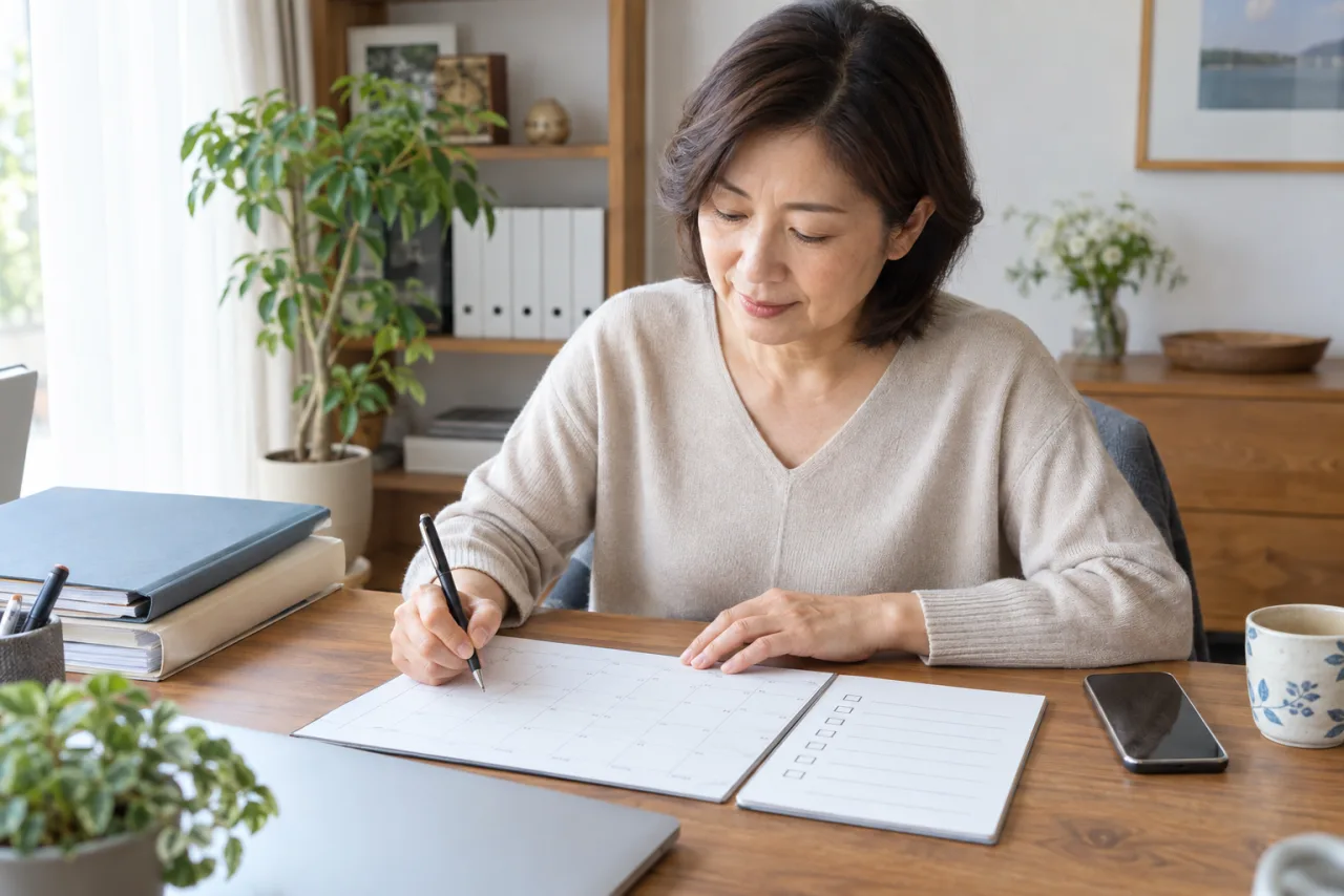 離職票の問い合わせ予定をカレンダーに整理する50代の日本人女性