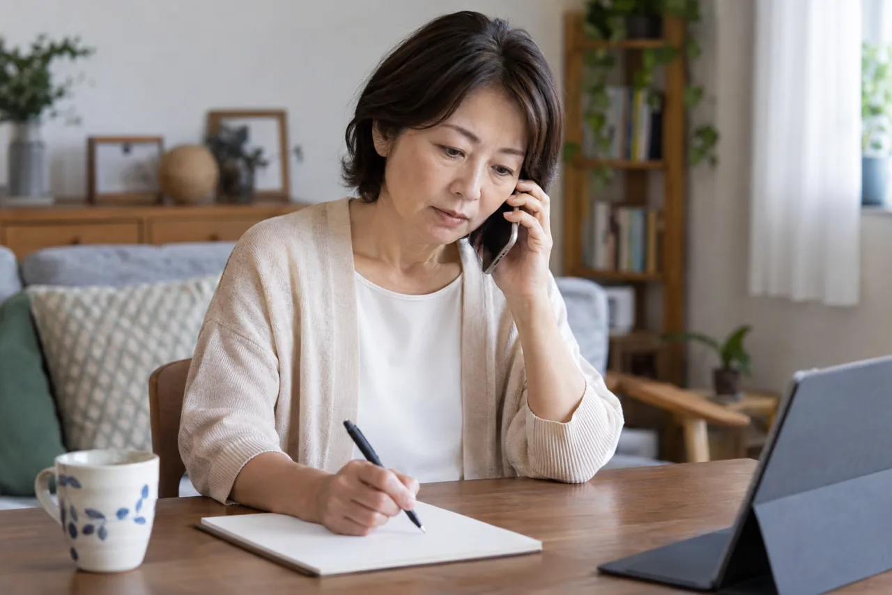 離職理由について会社へ電話で確認し記録する50代の日本人女性
