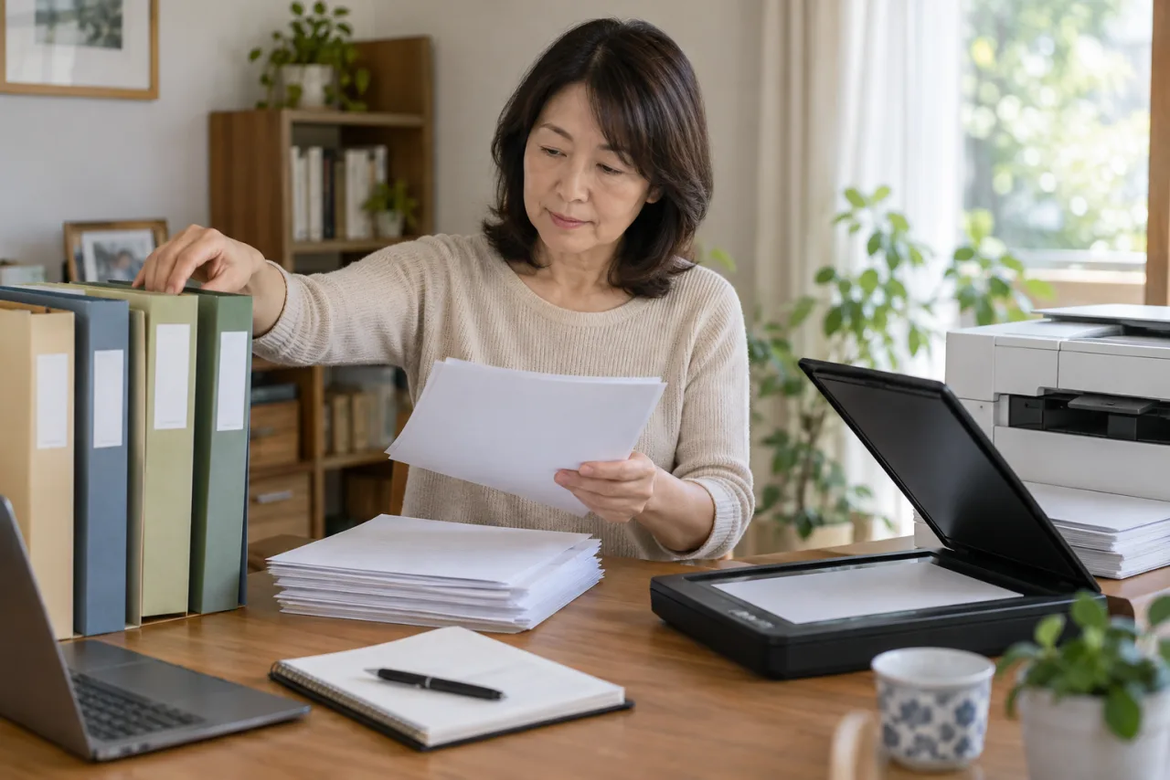 退職関係の書類をフォルダーに整理する50代の日本人女性