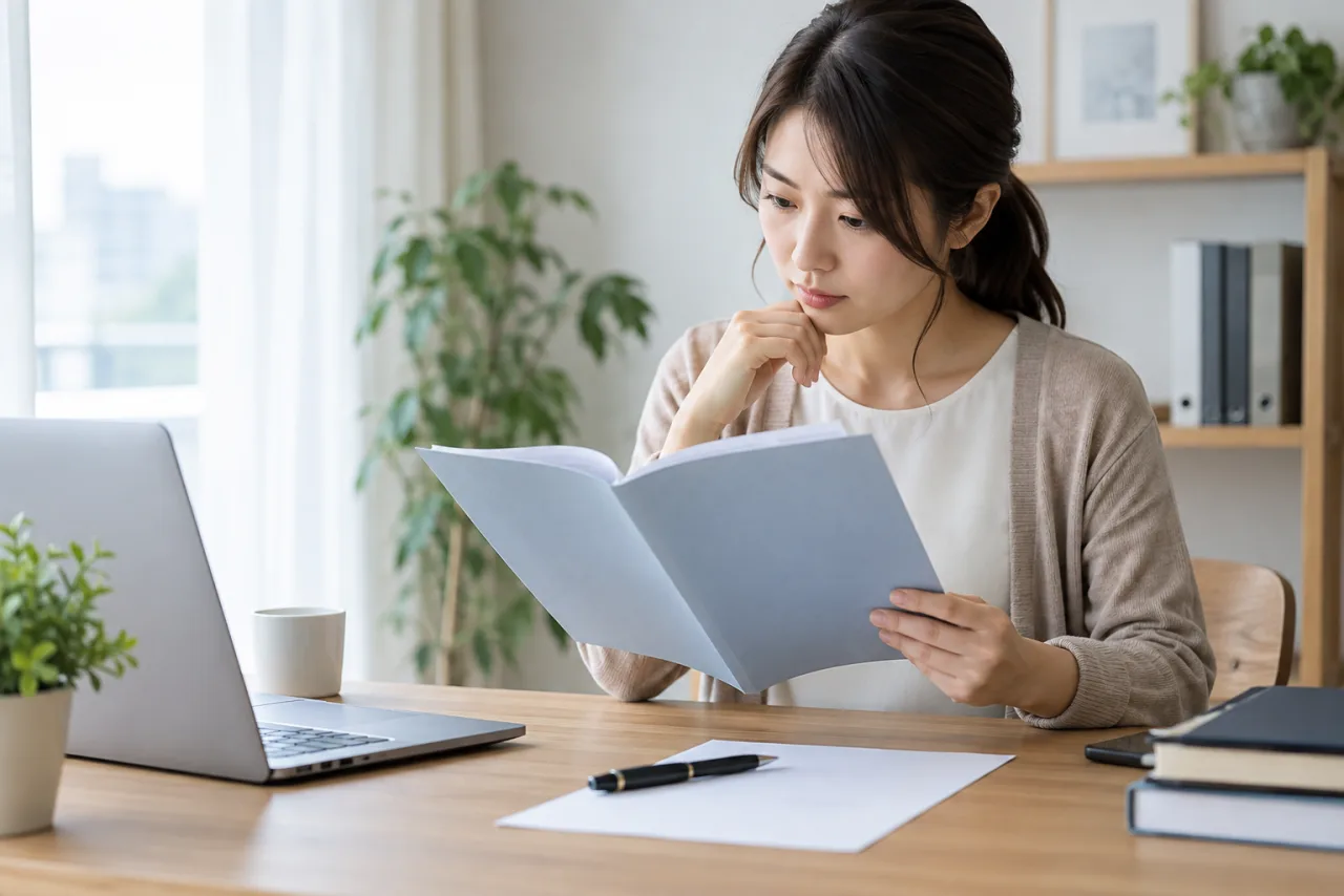 女性が就業規則と退職願の下書きを並べて提出手順を確認する様子