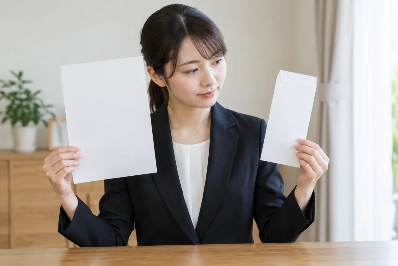 白い無地の便せんと退職願用の封筒をサイズ確認する様子