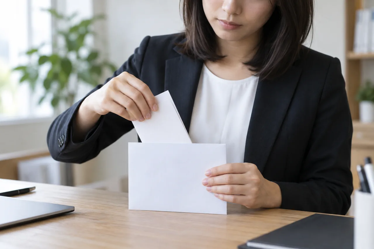 退職願を文字が内側になるように折って白い封筒へ入れる様子