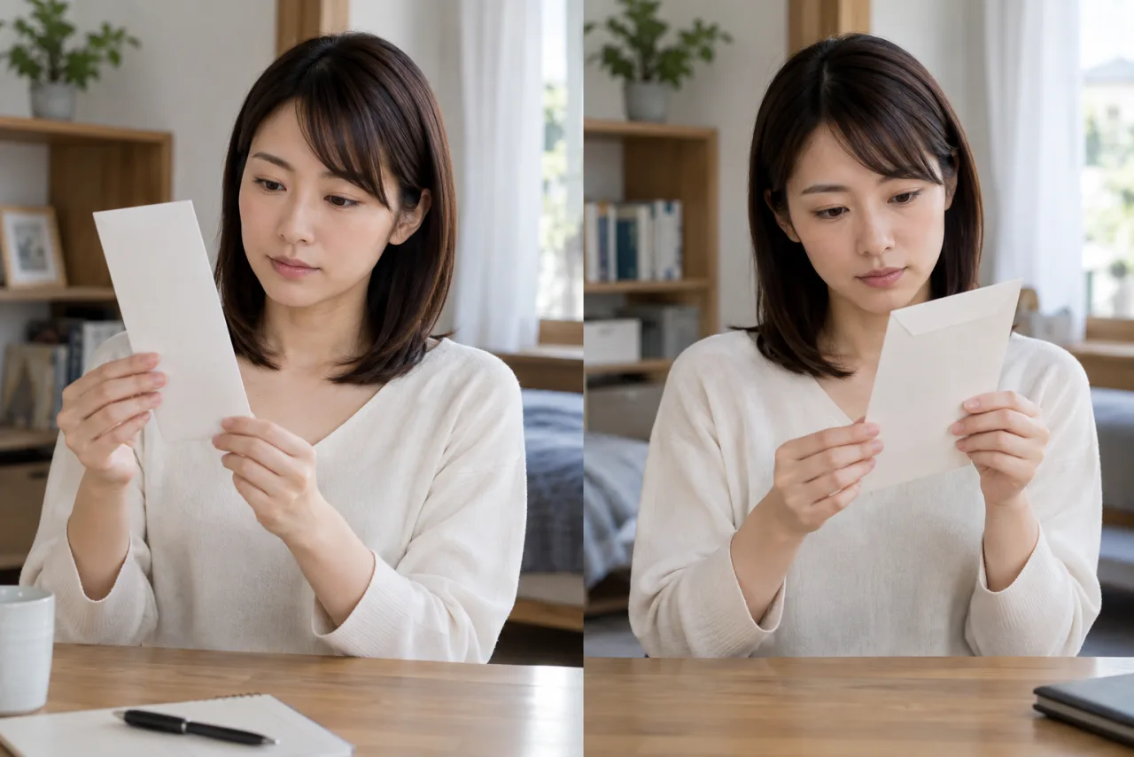 退職願の封筒の表面と裏面を提出前に確認する様子